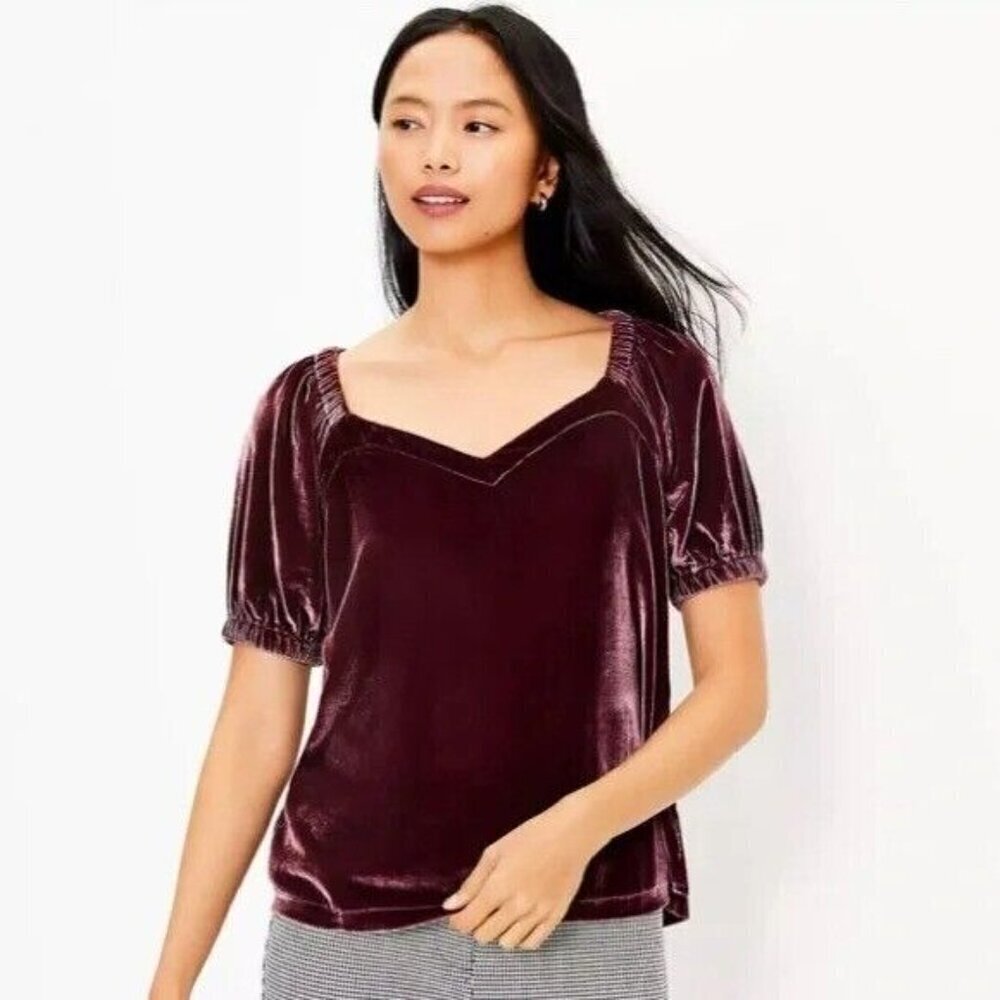 Ann Taylor Loft Velvet Puff Sleeve Top Bold Bordeaux Womens Size M